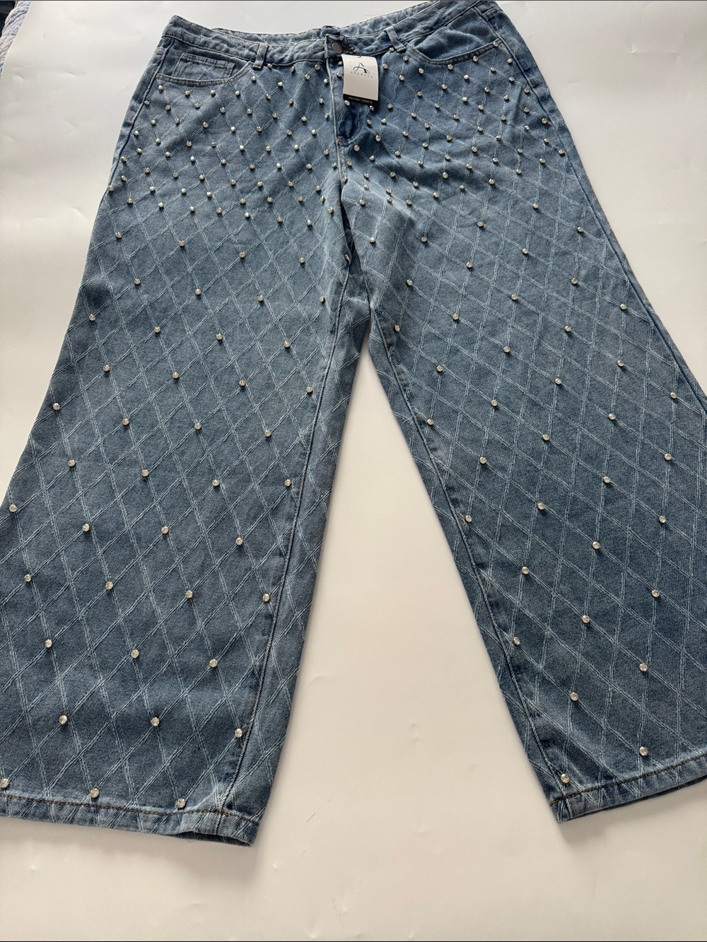 Wide-Leg Pearl-Embellished Jeans - Blue